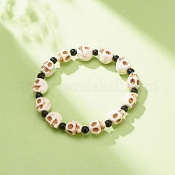 Natürlicher Mashan-Jade-Totenkopf und synthetisches türkisfarbenes (gefärbtes) Perlen-Stretch-Armband&nbsp;BJEW-JB08377-01