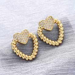 Aretes de circonita cúbica transparente con micropavé de latón en forma de corazón&nbsp;EJEW-R025-09G