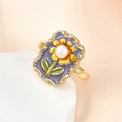 Bagues ouvertes en laiton émaillé à motif floral et perles d'eau douce naturelles pour femmes&nbsp;RJEW-G342-01G-01