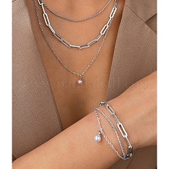 3-lagige Halsketten- und Armband-Sets aus ovalen Gliederketten aus 304 Edelstahl&nbsp;FS-WGE493C-02