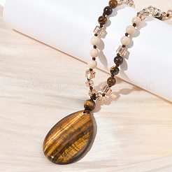 Colliers longs en perles de verre avec pendentif en forme de larme en œil de tigre naturel&nbsp;GG-CBAE048-01A