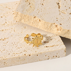 Bagues manchettes vintage réglables en acier inoxydable 304 avec pavé de pierres naturelles et fleurs pour femmes&nbsp;NA6440