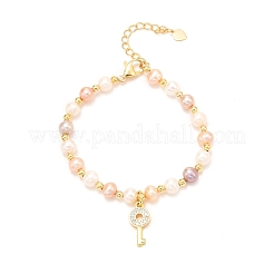 Bracciali con ciondoli chiave in ottone con micro pavé di zirconi&nbsp;BJEW-D447-10G-01