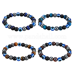 4 Stück 4 Farben Böse Augen gefärbtes natürliches Tigerauge & schwarzer Achat runde Perlen Stretch-Armbänder Set&nbsp;BJEW-FI0001-44