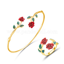 Ensembles de bracelets manchettes et bagues en laiton émaillé à motif de camélia pour femmes&nbsp;WGC9600-01