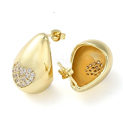 Orecchini a bottone a goccia con cuore in ottone con micro pavè di zirconi trasparenti&nbsp;EJEW-A034-02G