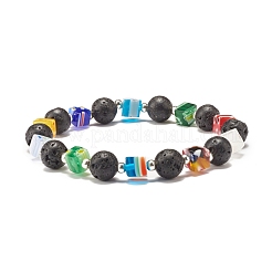 Bracciale elasticizzato in pietra lavica naturale e perle di vetro millefiori&nbsp;BJEW-JB07489