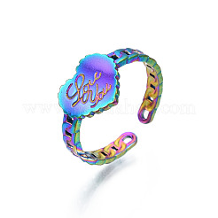 Bague ouverte en acier inoxydable 304 avec placage ionique (IP) couleur arc-en-ciel en forme de cœur avec le mot « love you » pour femme&nbsp;RJEW-S405-261M