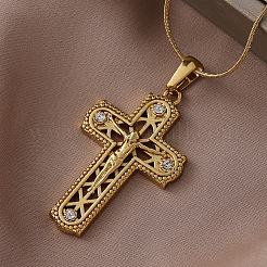Collar con colgante de cruz de Jesús hueca de acero inoxidable quirúrgico 316 vintage con vidrio transparente para mujeres y hombres.&nbsp;LS-ES5776