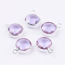 Silver Color Plated Brass Glass Flat Round Charms, Faceted, Alice Blue, 12x8.5x3mm, Hole: 1.5mm