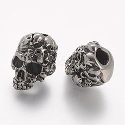 Abalorios europeos de 304 acero inoxidable, cráneo, Abalorios de grande agujero, plata antigua, 15.5x11x11.5mm, agujero: 4 mm