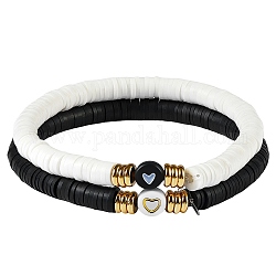 Stretch-Armbänder aus Perlen mit Herzmuster für Frauen, Heishi-Perlen-Surfer-Armbänder aus Fimo, weiß und schwarz, golden, Innendurchmesser: 2-1/4 Zoll (5.8 cm), 2 Stück / Set
