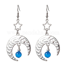 Boucles d'oreilles pendantes étoile et lune en alliage d'argent antique, perles de verre, Dodger bleu, 70.5x32.5mm