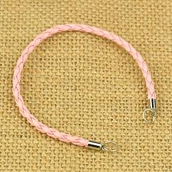 Braided PU Leather Cord Bracelet Making, with Brass Cord Ends and Iron JumpRings, Nice for DIY Jewelry Making, Pink, 173mm