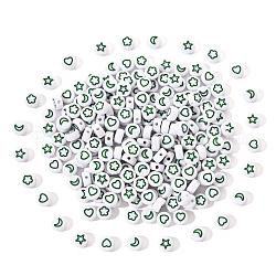 Белые непрозрачные акриловые бусины, плоский круглый с сердцем, цветком, луной и звездой, средний морской зеленый, 7x4 мм, отверстие : 1.6 мм, 200 шт / комплект
