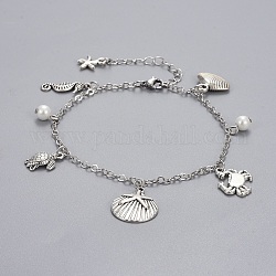 Brass Charm Anklets, with Glass Pearl, Alloy Charms and Stainless Steel Findings, Ocean Theme, White, 9-1/2 inch(24cm), 0.8~2.8mm