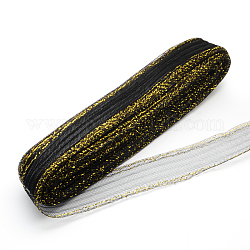 Mesh Ribbon, Plastic Net Thread Cord, with Golden Metallic Cord, Black, 7cm, 25yards/bundle