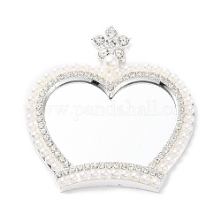 Espejo de maquillaje con corona de rhinestone y perlas, fornituras de aleación, Accesorios para fundas de móviles para mujer., Platino, 58x55x6.5mm
