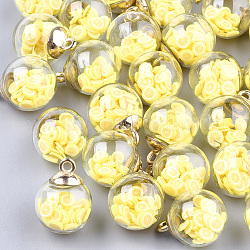 Ciondoli palla di vetro, con reperti in plastica polimerica e ccb, tondo, oro, giallo, 21x15.5~16mm, Foro: 2 mm