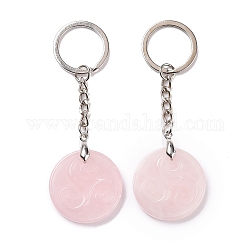 Portachiavi pendente triskele/triskelion in quarzo rosa naturale, con portachiavi in ottone diviso, 9cm