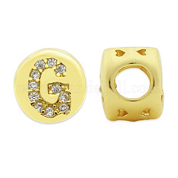 Perle di zirconi cubici trasparenti in micro pavè di ottone, piatta e rotonda con la lettera, letter.g, 7.5x6.5mm, Foro: 3.5 mm, 3pcs/scatola