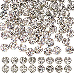Hobbiesay 100 pièces perles rondes plates en alliage de style tibétain, avec Jésus et croix latine, pour Pâques, sans plomb et sans cadmium, argent antique, 10x2.5mm, Trou: 1mm