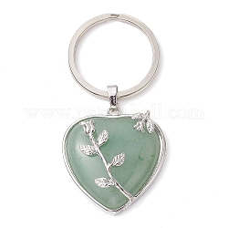 Porte-clés pendentif coeur en aventurine verte naturelle et laiton, avec porte-clés fendus, 7 cm, pendentifs: 36x33x10 mm