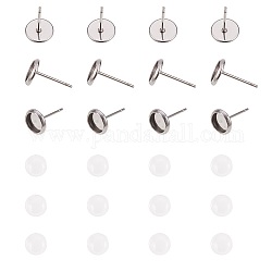 DIY Earring Making, with 304 Stainless Steel Stud Earring Components and Clear Glass Cabochons, Flat Round, Stainless Steel Color, 7.4x7.2x1.7cm