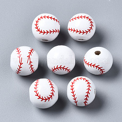 Perline europee in legno naturale verniciato, perline con foro grande, stampato, baseball, bianco, 16x15mm, Foro: 4 mm