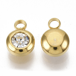 Charms di strass, amuleti di birthstone di aprile, con 201 in acciaio inox, rotondo e piatto, oro, cirstallo, 9x6.5x4mm, Foro: 1.8 mm