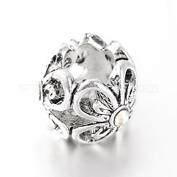 Perles européennes en alliage de ton argent antique avec strass, / grandes perles de fleurs trou rondelle, cristal ab, 11x8mm, Trou: 5mm