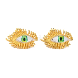 Plastic Eyes Stud Earrings, Golden Alloy Earrings, Green Yellow, 34.5x23mm