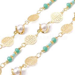 Handmade Eco-friendly Brass Flat Round & Round Link Chain, with Glass Pearl & Seed Beaded, Real 18K Gold Plated, Lead Free & Cadmium Free, Soldered, with Spool, Teal, 12x8.5x6mm, 12x8.5x0.2mm, 21x3.5mm