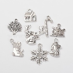 8pcs/set Tibetan Style Christmas Pendants, Mixed Alloy Charm, Antique Silver, 17~26x9~22x2~3mm, Hole: 2~3mm