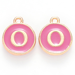 Golden Plated Alloy Enamel Charms, Cadmium Free & Lead Free, Enamelled Sequins, Flat Round with Letter, Camellia, Letter.O, 14x12x2mm, Hole: 1.5mm