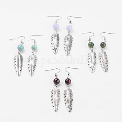 Natural Gemstone Beads Dangle Earrings, with Tibetan Style Alloy Pendants, Iron Eye Pin and Brass Earring Hooks, Leaf, 70mm, Pin: 0.5mm