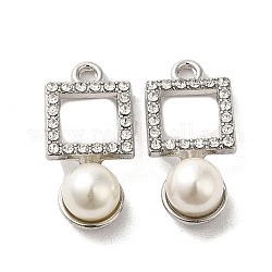 Alliage avec pendentifs en strass, avec abs imitation perle, breloques carrés, platine, 25x12x9mm, Trou: 2mm