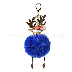Llavero con colgante de reno navideño de piel de conejo Rex de imitación y cuero de pu, con el corchete de la aleación, para decoración colgante de bolso de coche, azul oscuro, 21.2 cm