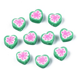 Handmade Polymer Clay Beads, Heart with Flower Pattern, Medium Sea Green, 9x9~10x4~5mm, Hole: 1.5mm