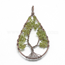 Natural Chip Olive Quartz Big Pendants, with Brass Wires, Teardrop & Tree, Red Copper, 78~81x40~43x5~10mm, Hole: 4.5mm