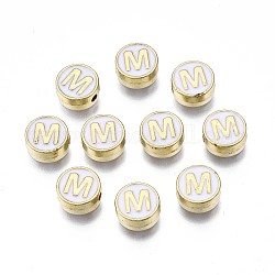 Legierung Emaille-Perlen, cadmiumfrei und bleifrei, Licht Gold, flach rund mit Alphabet, weiß, letter.m, 8x4 mm, Bohrung: 1.5 mm