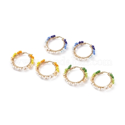 6шт 3 цветные стеклянные плетеные серьги-кольца с цветком, 304 украшение из проволоки из нержавеющей стали для женщин, разноцветные, 36x8.5 мм, штифты : 0.7 мм, 2 шт / цвет