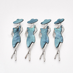 Broches/pendentifs de coquillages d'eau douce, avec éléments en alliage et fond en résine, teinte, femme, platine, bleu ciel, 81x25x10.5mm, Trou: 6.5x5mm, pin: 0.6 mm