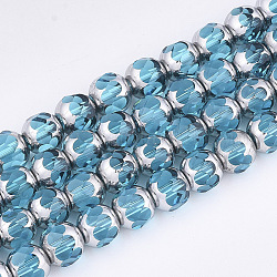 Chapelets de perles en verre électroplaqué, demi-argenté, facette, ronde, turquoise foncé, 8~8.5x7~8mm, Trou: 1mm, Environ 40 pcs/chapelet, 11.8 pouce