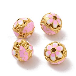 Perles en alliage creux, avec l'émail, Rondelle avec des fleurs, couleur or mat, rose, 14x13mm, Trou: 2.5mm