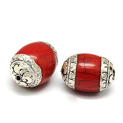Handmade Tibetan Style Beads, Thailand 925 Sterling Silver with Turquoise or Beeswax, Barrel, Antique Silver, Dark Red, 32.5x22.5mm, Hole: 2mm