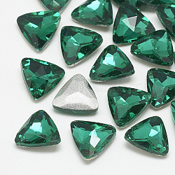 Cabochons en verre avec strass de dos avec point, dos plaqué, facette, triangle, med.emerald, 11x12x4.5mm