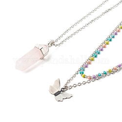 Kugel- und Schmetterlingsanhänger-Halsketten-Set für Frauengeschenk, mit natürlichen Rosenquarz Perlen und 304 Edelstahl-Zubehör, Edelstahl Farbe, 14.88~18.03 Zoll (37.8~45.8 cm), 2 Stück / Set