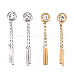 304 Stainless Steel Chain Tassel Earrings, with Ear Nuts and Cubic Zirconia, Bar & Flar Round, Mixed Color, 45mm, Pin: 0.7mm
