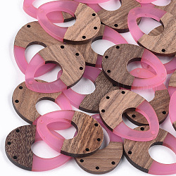 Resin & Walnut Wood Chandelier Components Links, teardrop, Hot Pink, 37.5x28x3~3.5mm, Hole: 1.8mm